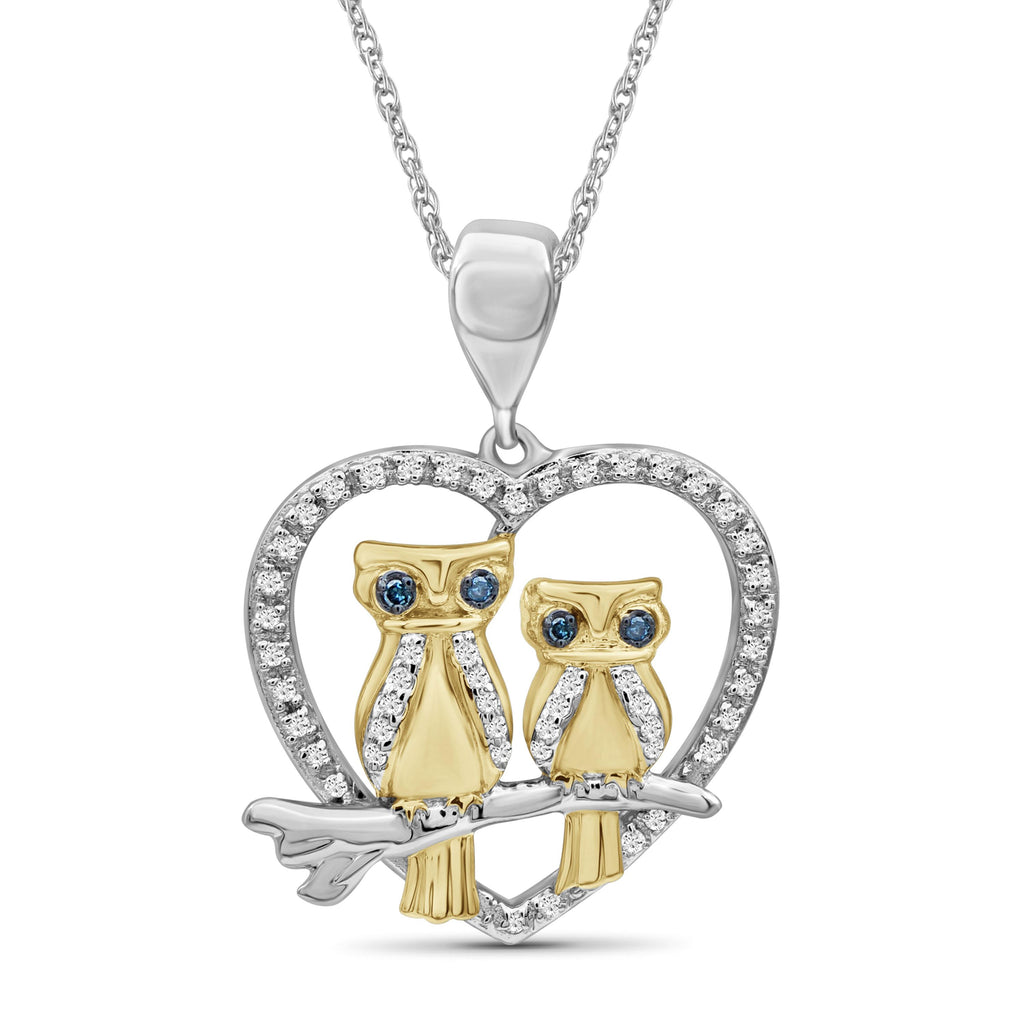 1/7 Ctw Blue & White Diamond Two-Tone Sterling Silver Owl Heart Pendant