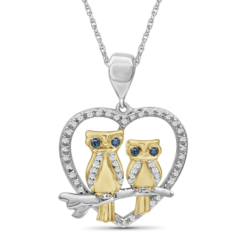 1/7 Ctw Blue & White Diamond Two-Tone Sterling Silver Owl Heart Pendant