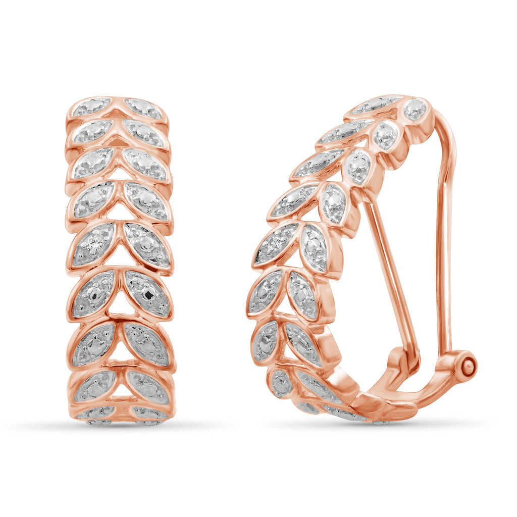 Accent White Diamond Rose Gold Over Silver Leaf Hoop Earrings