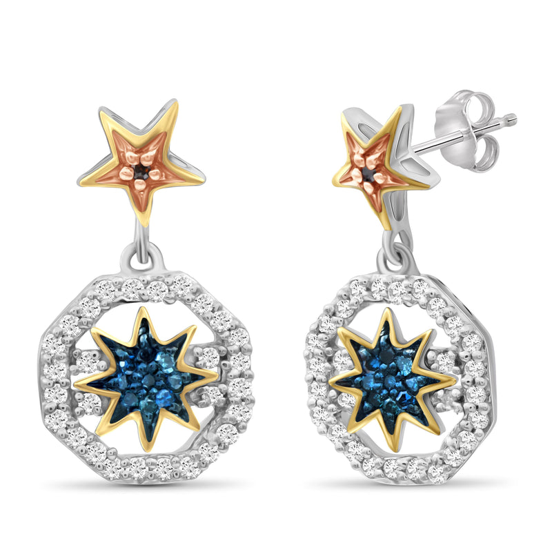 1/5 Carat T.W. Multicolor Diamond Three Tone Silver Star Octagon Earrings