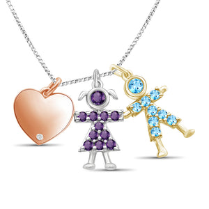 Birthstone Boy and Girl Accent Diamond Heart Pendant Sterling Silver- Assorted Styles