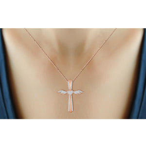 1/4 Ctw White Diamond Angel Cross Pendant in Rose Gold over Silver
