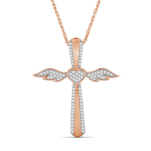 1/4 Ctw White Diamond Angel Cross Pendant in Rose Gold over Silver