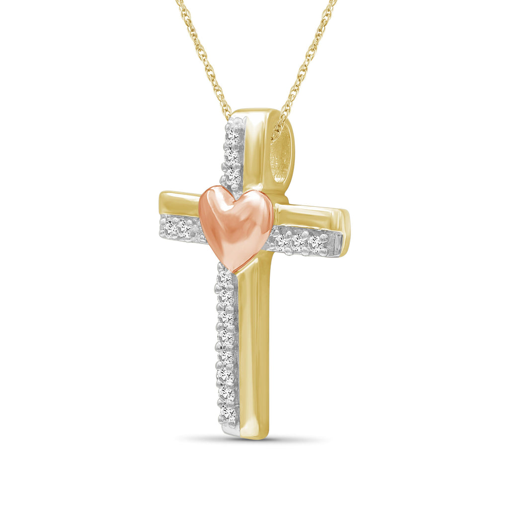 1/10 Ctw White Diamond Heart Cross Pendant in Two-Tone Sterling Silver