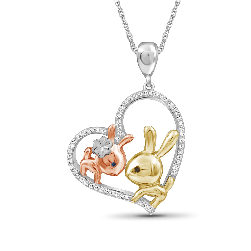 1/7 Ctw Multi Color Diamond Tri-Tone Sterling Silver Bunny Baby & Mom Heart Pendant