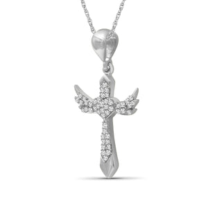 1/7 Ctw White Diamond Angel Cross Pendant in Sterling Silver - Assorted Colors
