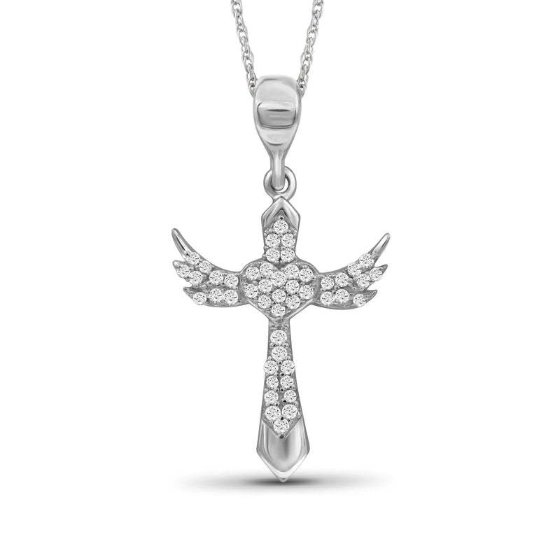 1/7 Ctw White Diamond Angel Cross Pendant in Sterling Silver - Assorted Colors