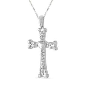 1/4 Ctw White Diamond Heart Cross Pendant in Sterling Silver - Assorted Colors