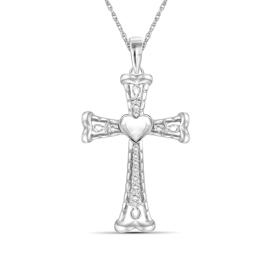 1/4 Ctw White Diamond Heart Cross Pendant in Sterling Silver - Assorted Colors