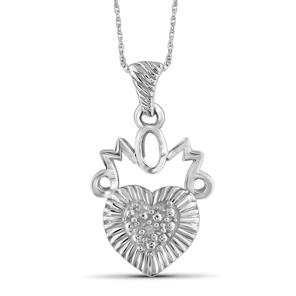 Genuine White Diamond Accent "Mom" Heart Pendant Necklace in Sterling Silver