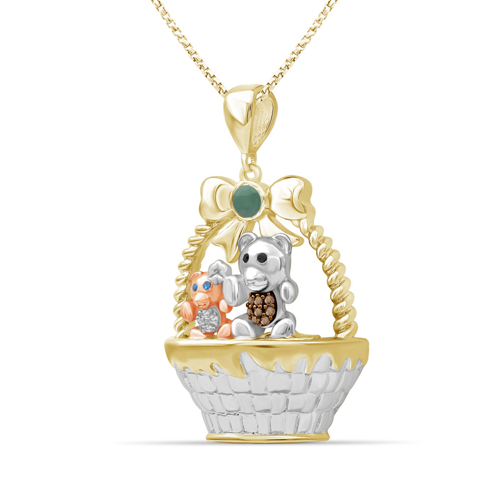 Birthstone and Accent Diamond Teddy Basket Pendant in Sterling Silver - Assorted Birthstones