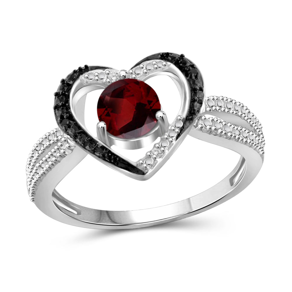 Birthstone and Accent Black & White Diamonds Heart Ring in Sterling Silver- Assorted Styles